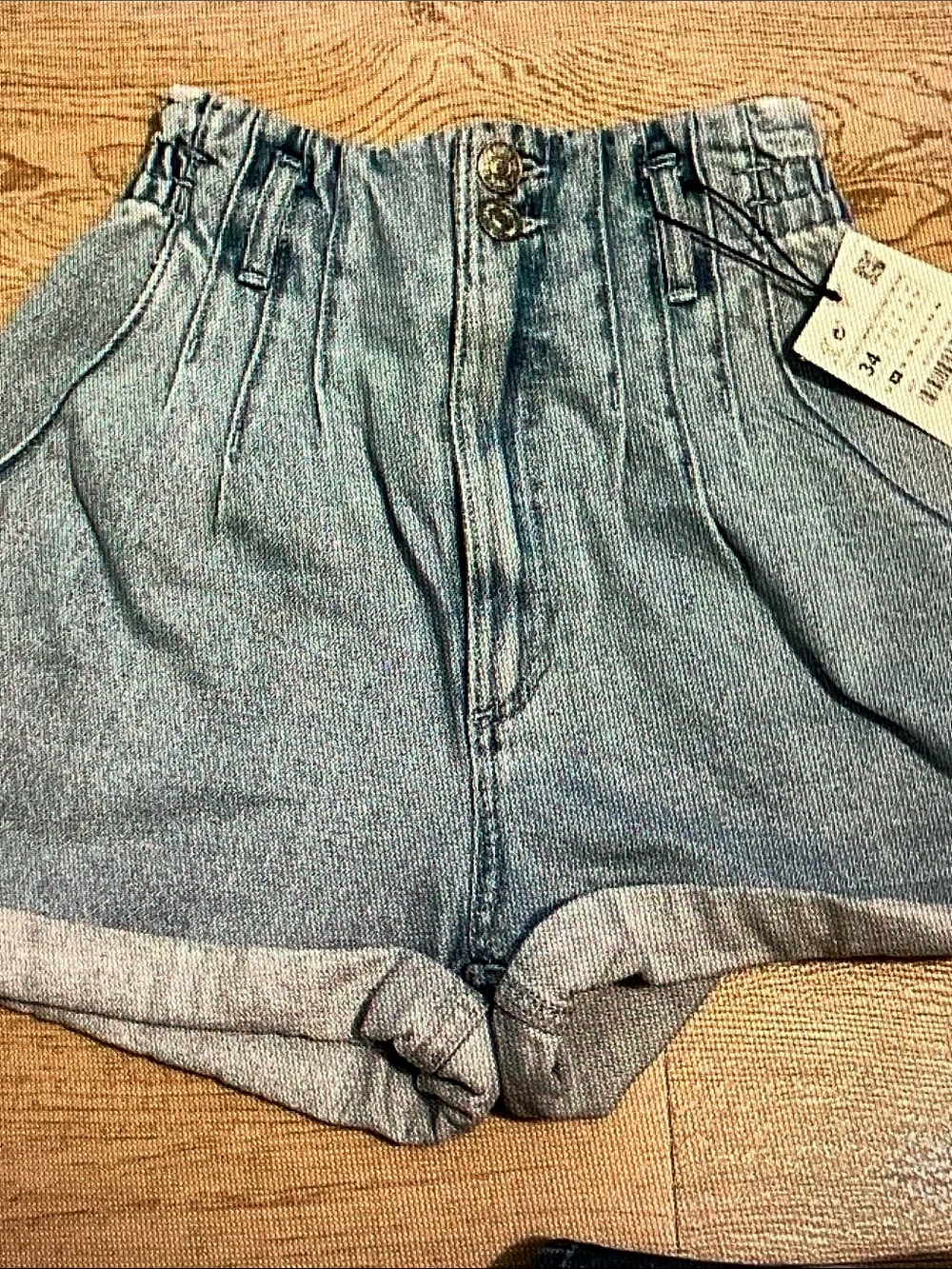 Zara Light Wash High-Rise Paperbag Denim Shorts
